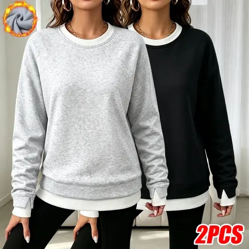 2-Pack Women’s Fleece-Lined Crewneck Sweatshirts, Fall/Winter Essentials, 2-in-1 layered tops with notched cuffs & contrast ribbed trim, thick heat-trapping plush fleece interior, breathable relaxed fit, durable casual pullover for home lounging, grocery