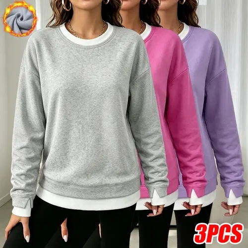 Women’s thermal fleece crewneck sweatshirts, fall/winter casual wardrobe staples with a faux two-piece design, ribbed hem with contrast detailing, and split cuff details, ultra-warm plush lining, breathable relaxed fit, soft pullover tops for errands, mov