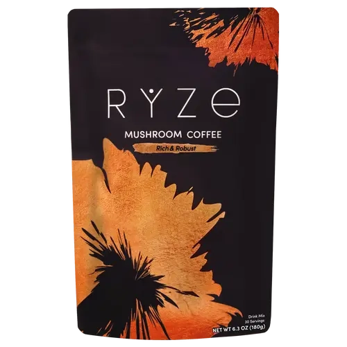 RYZE SUPERFOODS Adaptogenic Mushroom Instant Dark Roast Coffee Beverage - 6 Functional Mushroom Blend (Lion's Mane, Turkey Tail), Prebiotic Blend, Included Bag, Supports Energy & Focus, 30 Servings