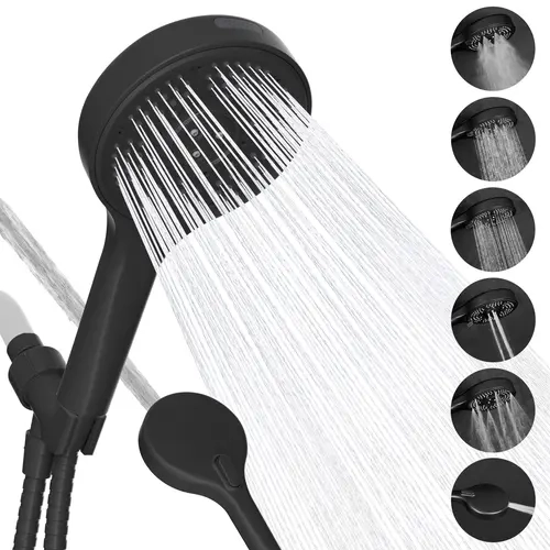Hibbent High Pressure 6-mode Handheld Shower Head, Anti-clog Nozzles - Built-in Power Wash to Clean Tub, Tile & Pets, Extra Long 5.9 ft. Stainless Steel Hose, Wall Brackets | Stay Clean Nozzles, Dual Power Wash for Tub, Tile & Pets,Matte Black