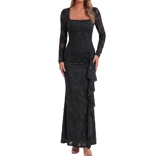 Kaximil Women's Elegant Square Neck Floral Embroidered Mesh Long Sleeve Maxi Dress,  Fall Ruched Waist Ruffled Side Drape Slim Bodycon Gown, Formal Evening Cocktail Prom Party Wedding Guest Dresses, Black Friday Deals, Halloween Party Sexy Slim Fit Dress,
