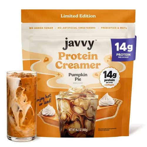 Javvy Limited Edition Pumpkin Pie Protein Coffee Creamer - Grass Fed Pasture Raised Collagen - Hair, Skin & Nail Support, Energy-Boosting MCTs, Keto Friendly, Gluten Free, No Added Sugar, 14g of Protein with Collagen
