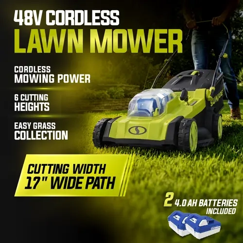 Sun Joe Cordless Mower, 48V IONMAX Lawn Mower Kit, 17-Inch, 6-Position Height, 2 x 4.0 Ah Batteries, Charger & Collection Bag