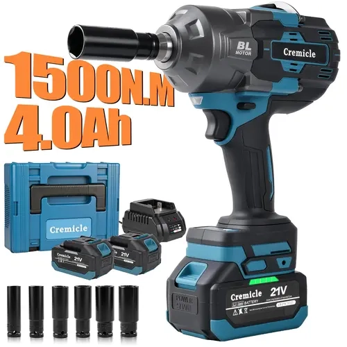 1500N.m Cordless Impact Wrench, All-Metal Cordless Impact Gun with 2 * 4.0Ah Batteries, Electric Impact Wrench with 6 Sockets Power Tools toolupgrade