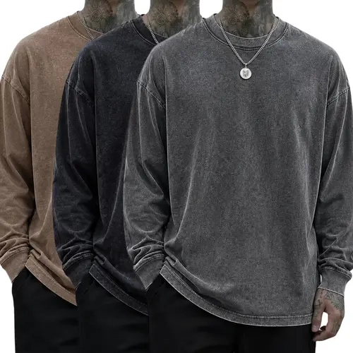 1/3-pack American washed vintage long-sleeve T-shirts with a stone-grind effect and snowflake print, drop-shoulder loose fit, crew neck, available in multiple colors, unisex layering base layers