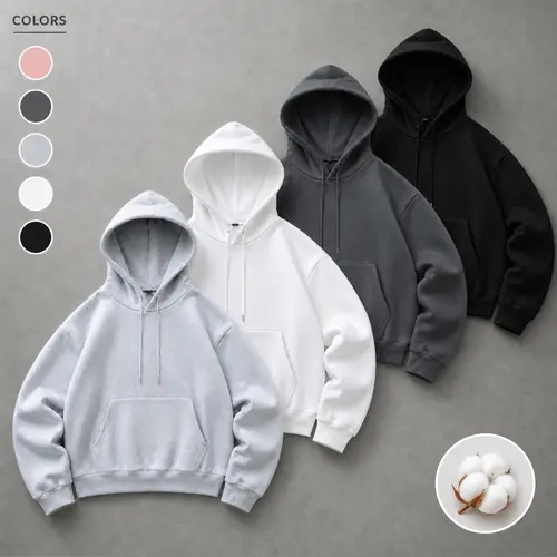 Men's Minimalist Solid-Color Hooded Sweatshirt - Menswear Casual Tops, Cropped Length, Dropped Shoulders, Loose Fit, Foldable V-Neck Pullover for Everyday Wear & Commuting, Ideal for Couples