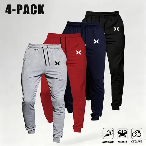 Men’s 4-Pack Casual Loose Joggers - Soft Knit Stretch Fabric Sweatpants with Pockets, Barbell Print, Retro Street Style Sportswear, Autumn Fitness Base Layer, Men's Sweatpants