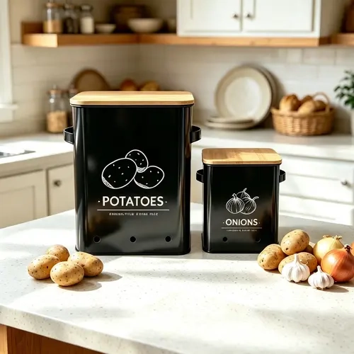 2-Pack Powder-Coated Rectangular Rigid Metal Potato & Onion Bins with Bamboo Lids, 2 Sizes, Breathable Vents, Side Handles, French Country Storage Boxes & Bins, Canister Container Solutions for Pantry Countertop