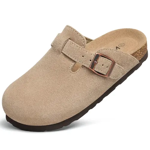 KIDMI Kids Genuine Suede Clogs,Toddler Soft Cork Footbed Leather Mules Comfort Shoes With Adjustable Buckle Comfortable Slip On Mules For Girls Boys Indoor/Outdoor Versatility.