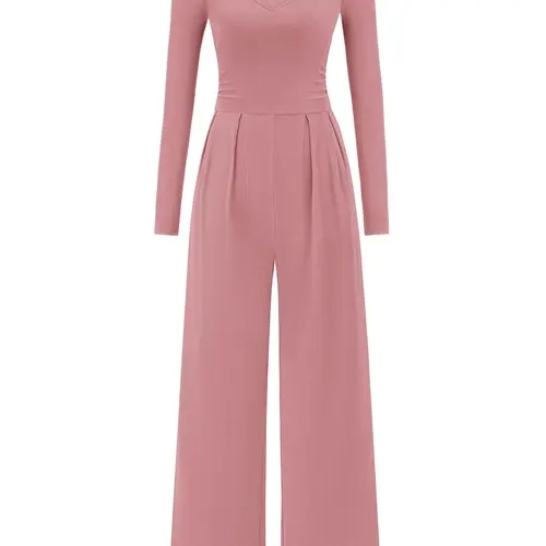 PRETTYGARDEN Women's Fall Jumpsuits 2026 Long Sleeve Ribbed Knit Deep V Neck Stretchy Wide Leg One Piece Outfits with Pockets