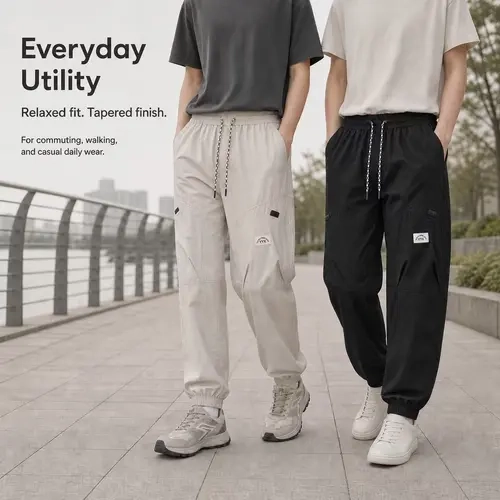 Men's Light Beige Full-Length Multi-Pocket Cargo Jogger Pants - Elastic Waist Drawstring Utility Pants, Relaxed Tapered Casual Wear, Outdoor Sport Trousers, Machine Washable Streetwear for Hip Hop Minimalist Styles