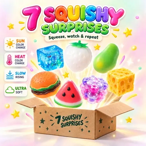7-Pack Colorful Jelly-Like Squishies Toys Gift Set for Ages 5+ - Color Changing Strawberry, Mango, Glow Unicorn Bao, ASMR Bead Cube, Slow-Rise Watermelon, Food & Ocean Squeeze Items, Birthday Gifts, Colorful Squishy Cubes Stress Relief Toys