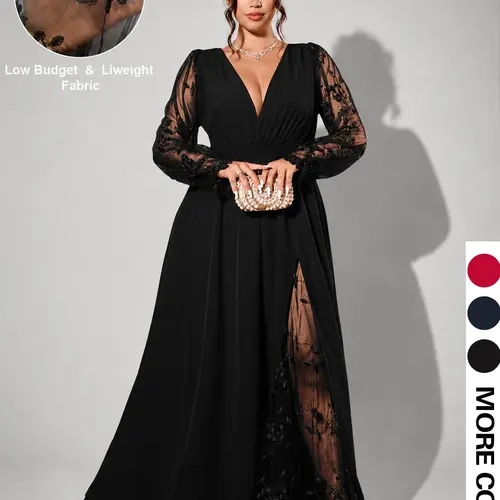 Plus Size Women's Lace Long Dress, Deep V Neck, Mesh Long Sleeve, A-Line High Split, Perfect for Wedding Guest, Graduation Dance, Dinner Party, Elegance