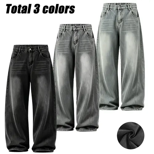 Men's Polyester Retro Wide-Leg Ankle-Length Elastic-Waist Loose Fit Denim Pants - Menswear, Casual, Drape, Fashion, Gradient, Machine Washable, Suitable for Campus, Street Chic
