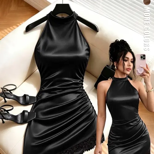 Sexy Halter Neck Dress, Bodycon A-Line Midi Dress with Lace Trim, Ruched Waist Design, Perfect for Dates and Special Occasions Women