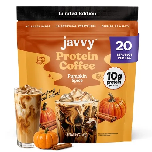 Javvy Limited Edition Pumpkin Spice Protein Iced Coffee - Premium Whey Protein & Instant Iced Coffees - 100% Natural Cold Brew - Zero Artificial Flavors & Sweeteners, 80 mg Caffeine, No Added Sugar, 20 Servings