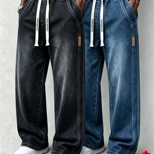 2Pcs Men's drawstring elastic waistband washed and worn straight leg jeans, casual streetwear jeans, non stretch denim pants, comfortable straight leg version, like loose fit, suitable for daily leisure, trendy must‑have men's pants, Fashion Jean Bottoms