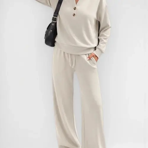 Women's Two-Piece Set, Long-Sleeve Henley Neck V-Neck Fall Casual Top, Tall Women's Baggy Leisure Suit, Comfortable Sporty Autumn Winter Wear, Wide-Leg Pants Home Set