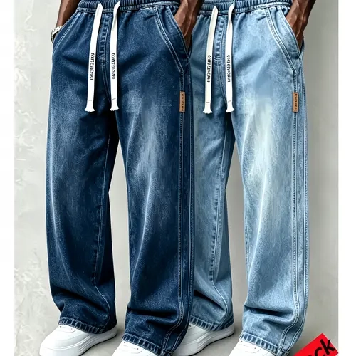 2pcs Men's Drawstring Elastic Waist Straight‑Leg Jeans, Plain Versatile Non‑Stretch Denim Pants & Vintage Washed Stretch Denim Jeans, Relaxed Straight‑Leg Fit, Drawstring Pull‑On Design, All‑Season Regular Everyday Long Pants, Casual Versatile Daily Wear