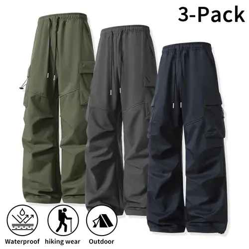 Men's Polyester Waterproof Cargo Pants - Elastic Waist Drawstring, Wide Legs, Loose-Fit Tactical Trousers, Lightweight Windproof Outdoor Work Pants for Young Men Camping Travel Autumn