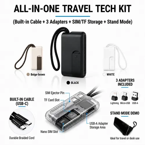 Basemo 9-in-1 EDC Digital Storage Kit: Includes USB-C cable plus USB-A, Lightning, and Micro-USB adapters. Supports 480Mbps data transfer and fast charging; features slots for SIM and microSD cards, plus a built-in stand—ideal for travel and backpack use.