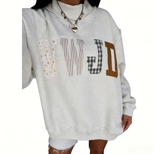 Mntaor Women's Cozy Gray Mock Neck Pullover Sweatshirt with WWJD Applique Design, Relaxed Fit for Fall Weather, Coffee Runs