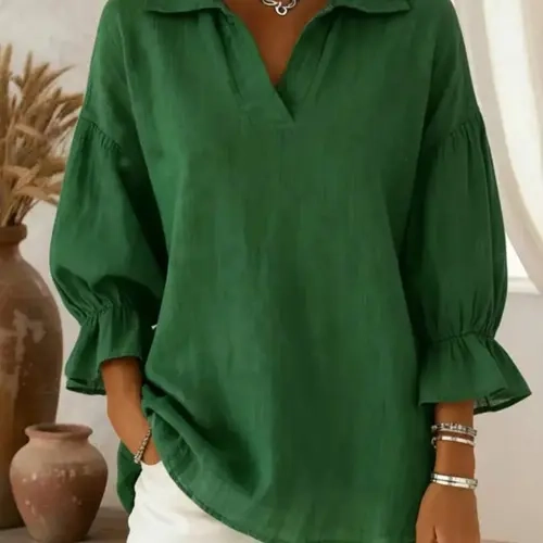 Plus-Size Women's Elegant Solid Color Flounce Sleeve V-Neck Blouse Shirts, Casual Summer Top for Parties & Daily Wear, Trendy Womenswear