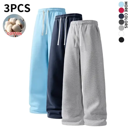 3 pcs men’s wide leg sweatpants, soft cotton fabric, loose wide leg drawstring casual long pants, trendy street style bottoms suitable for home lounging and outings, hip hop style autumn/winter apparel