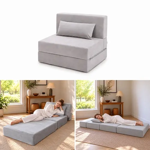 3-in-1 Folding Sofa Bed, Convertible Velvet Sleeper Chair, Fold Out Chaise Lounge Bed Mattress for Small Apartment Guest Room Office, Grey