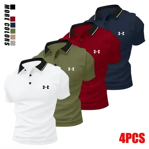 Men's Polyester Polo Shirts 4-Pack - Menswear, Mens Clothing, Animal Print, Collar, Button Placket, Stretchy, Comfortable, Machine Washable Summer Tops for Golf, Everyday Casual Wear, Camping
