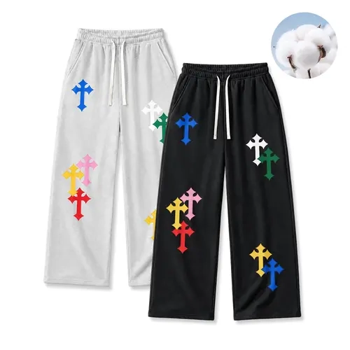 Men’s sweatpants with colorful cross patches, drawstring waist, straight-leg casual long pants, American high-street trendy athletic trousers
