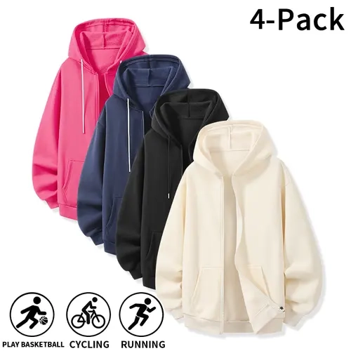 4‑Pack Men Autumn Winter Full Zip Up Hoodie, Loose Long Sleeve Hooded Sweatshirt, Easy On‑Off Full Zip Design Casual Jacket for Young Men Workout Sports Daily Street Going‑Out