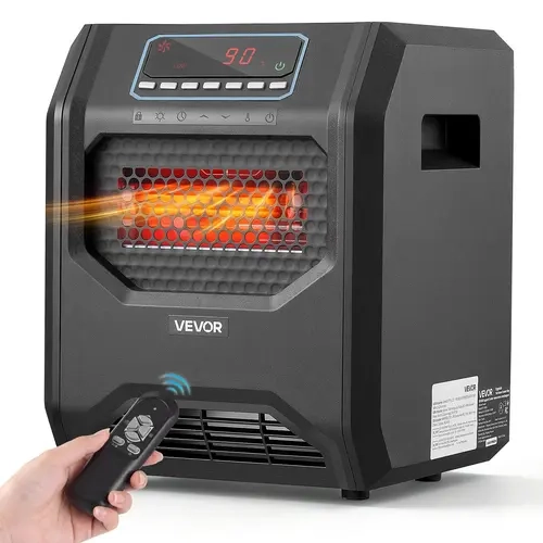 VEVOR 1500W Power Infrared Electric Space Heater with Remote Control, Adjustable Heating, 3 Heat Settings, 12H Timer, Overheat Shut-Off, Portable Wheels, Premium ABS, Black, Indoor Use for Bedrooms, Offices