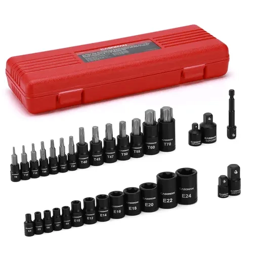 CASOMAN 32-Piece Socket Wrench Kit - Mechanic Tools Set with 14 Star Torx Bits (T8-T70), 13 Female E-Torx Sockets (E4-E24), 5 Impact Adapters, Chrome-Vanadium Corrosion Resistant for Heavy-Duty Tasks, Tools for Mechanics, Precise Fit #toolupgrade