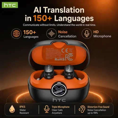 HTC NE79 AI Translation Sports Bluetooth 6.0 Earbuds - In-Ear Mini Wireless Headphones, 165+ Language Real-Time Voice Translator, IPX5 Waterproof, Long Battery Life, Fast Charging, Stable Android Connection, App Supported for Music & Calls, Sports Earbuds