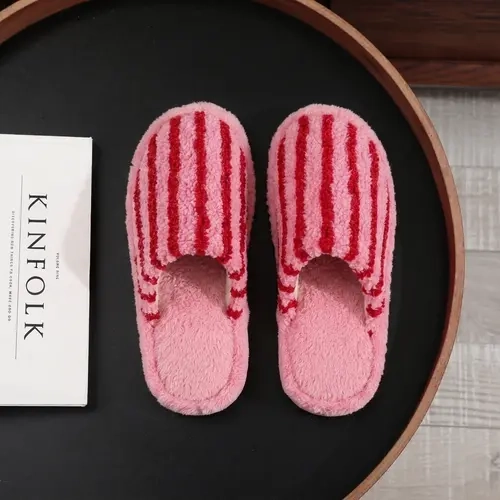 Women’s Retro Striped Fuzzy Slippers, Super Soft Fluffy Lined Closed Toe House Shoes, Warm Cozy Anti Slip Indoor Bedroom Slippers, Winter Holiday Gift for Women