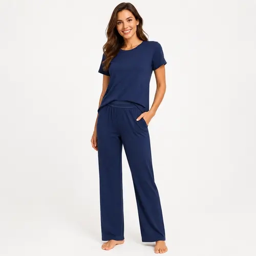 Women's Dusty Pink 2-Piece Loungewear Set - Crew Neck Short Sleeve Curved Hem T-Shirt, High Waist Elastic Pleated Wide Leg Pants with Side Pockets, Soft Stretchy Knit All-Seasons Casual Daily Sports Outfit
