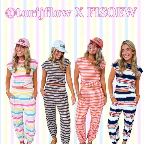 Fisoew Womens 2 Piece Outfits Cotton Colorful Striped Set Cap Sleeve Twist Front Crop Top Elastic Waist Jogger Pants with Pockets Casual Loungewear for Daily Vacation