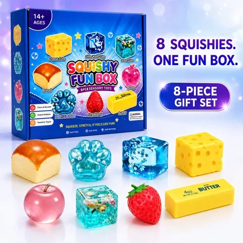 8-Piece Multi-Texture Squishy Sensory Toy Gift Box - Cheese Cube, Butter Bar, Fruit, Paw & Crystal ASMR Fidget Toys for Teens 14+