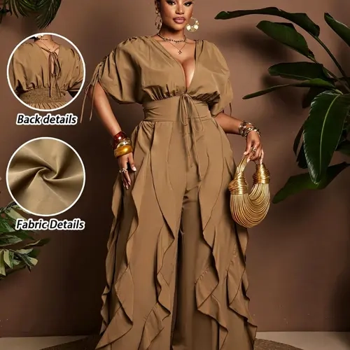Plus-Size Women's Adjustable Drawstring Ruffle High Waist Wide-Leg Jumpsuit Style for All Seasons