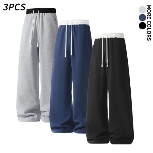 Men’s 3-pcs color-blocked joggers with a waistband, wide-leg cut, relaxed straight fit with a fluid drape—American casual street style for everyday wear, commuting, and going out; versatile athleisure pants for autumn and winter. Menswear Plain