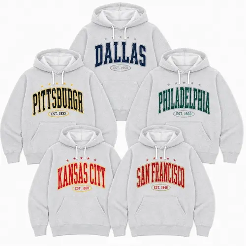 Unisex Vintage City Letter Print Football Hoodie, Retro Football Skyline Graphic Hooded Sweatshirt, Casual Long‑Sleeve Sports Fan Top For Game Day And Daily Unisex Wear