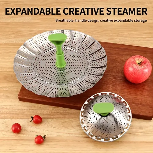 Vegetable Steamer Basket for Cooking Food, Stainless Steel Veggie Steam Basket for Pot, Folding Expandable Steaming Insert with Extendable Handle Fits Various Size Pot