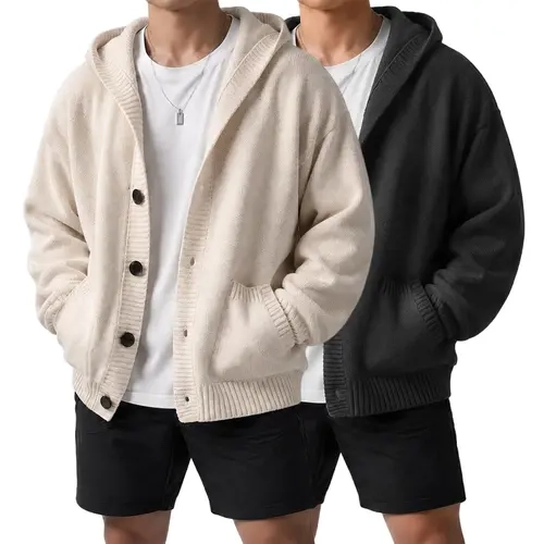 Men’s hooded knit cardigan sweater jacket, available in multiple colors, single-breasted design, casual loose fit