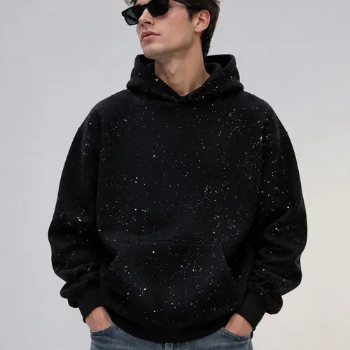 TELLFUN--Sequined Pullover Hoodie - Fashionable Casual Long-Sleeved Menswear Top with Pockets, Loose-Fitting Y2K Galaxy Sweatshirt for Autumn & Winter