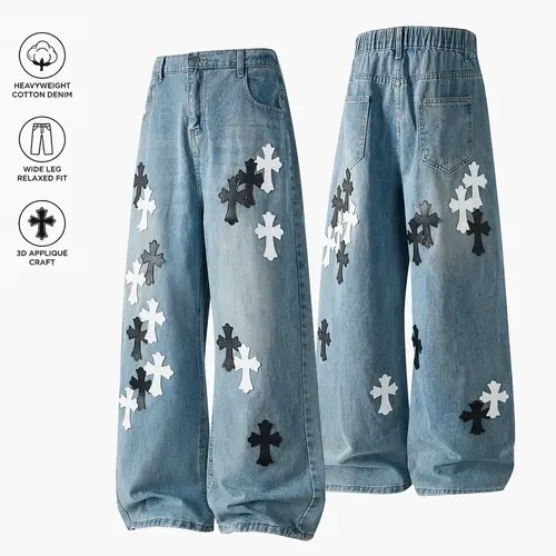 High-street cross patch jeans for men and women, washed and distressed wide-leg pants with a vintage drape, loose straight-cut long pants