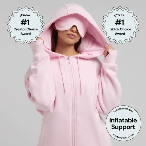 Comfrt | Inflate Zip Hoodie | CloudTouch Fleece Zip-Up With Built-In Travel Pillow & Eye Mask