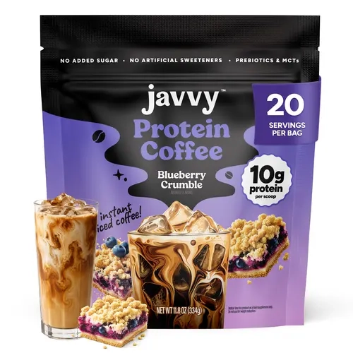 Javvy Blueberry Crumble Protein Iced Coffee - Premium Whey Protein & Instant Iced Coffees - 100% Natural Cold Brew - Zero Artificial Flavors & Sweeteners, 80 mg Caffeine, No Added Sugar, 20 Servings