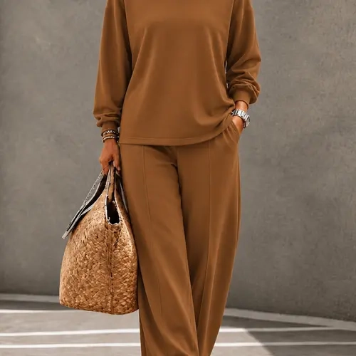 Women's Fall and Winter Solid Color Round Neck Long Sleeve Top and Straight Leg Pants Set, Loose-Fit Cozy Knitwear for Home, Commuting and Everyday