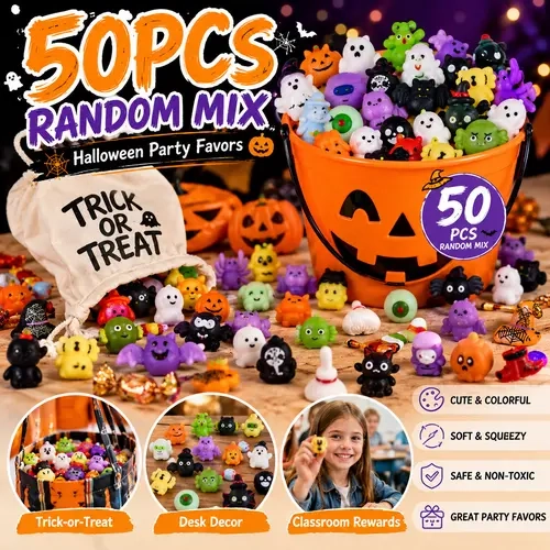 50Pcs Halloween Mini Resin Decorative Figurines Set - Lightweight, Smooth Collectible Figure Ornament with Ghost, Pumpkin, Bat, Wobble Ball Spirit Designs for DIY Fairy Garden, Cake Topper, Novelty Ornaments Party Gifts